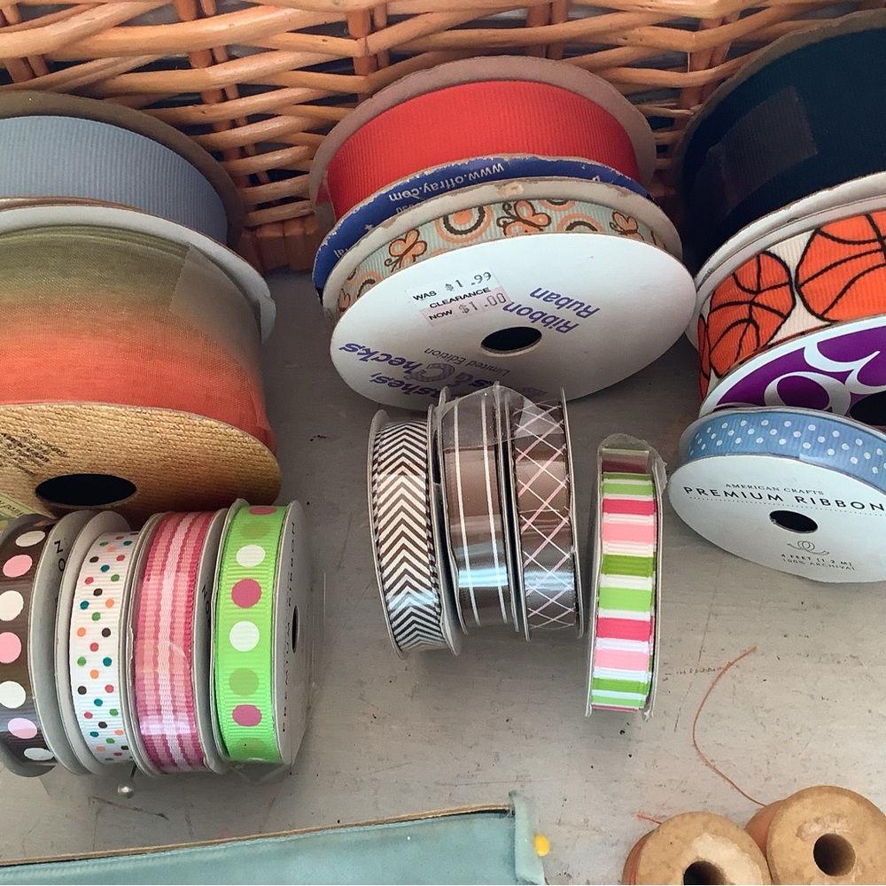 Vintage ribbon lot..plus 2 wooden spools of thread..